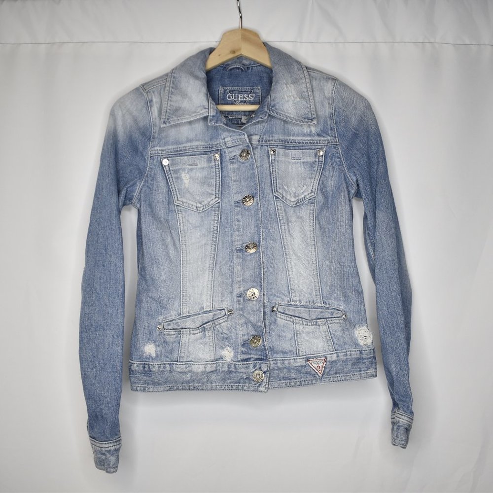 Guess Women's Jean Jacket Denim Light Wash Distressed Blue